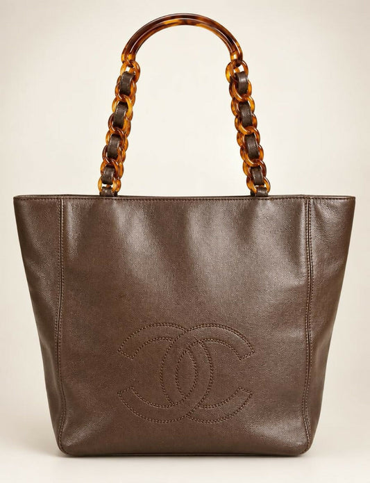 Vintage Chanel Brown Caviar Tortoise CC Timeless Tote Bag