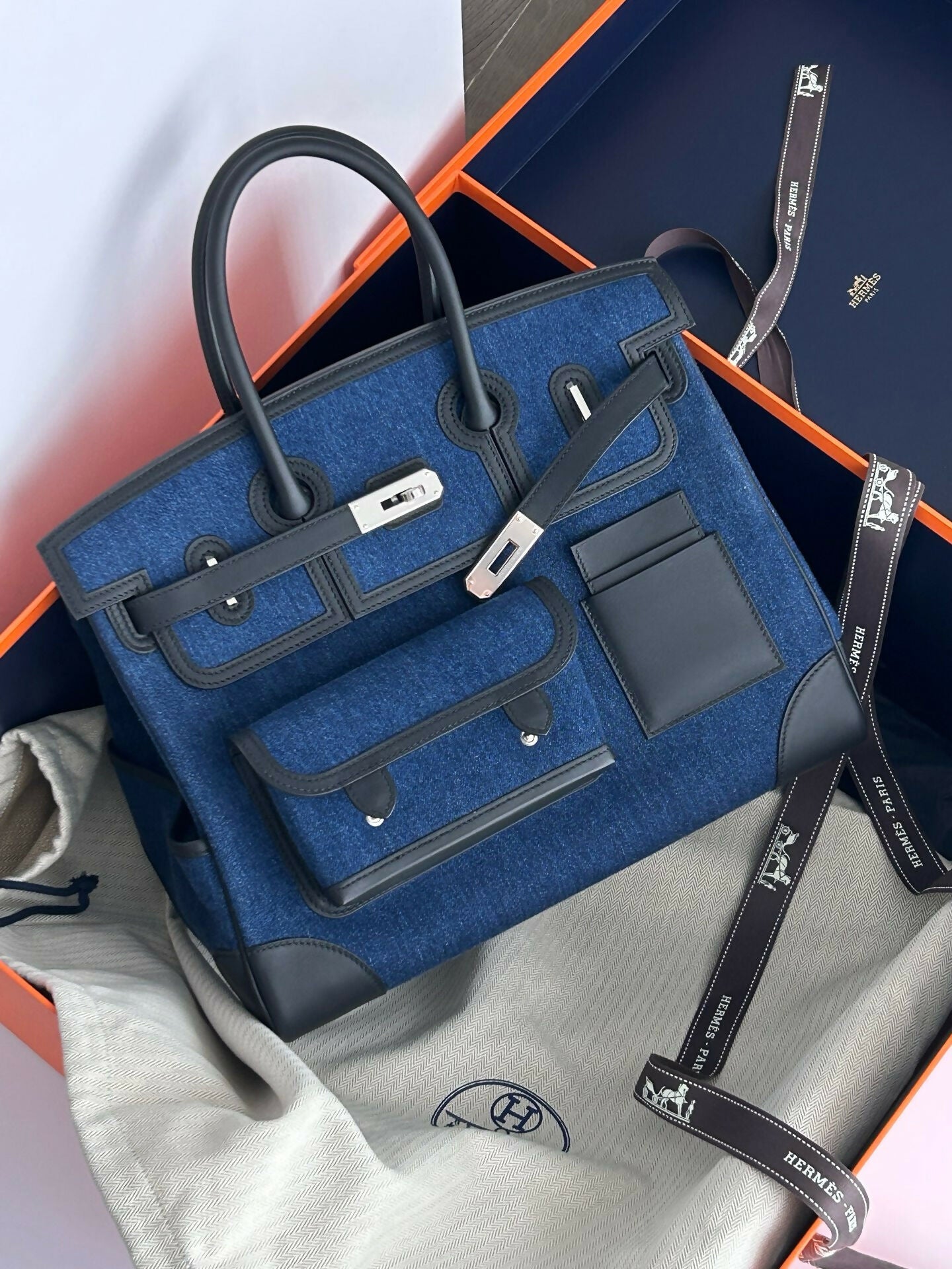 Hermès Birkin Cargo 35 Blue Jean Denim & Noir Swift with Palladium Hardware