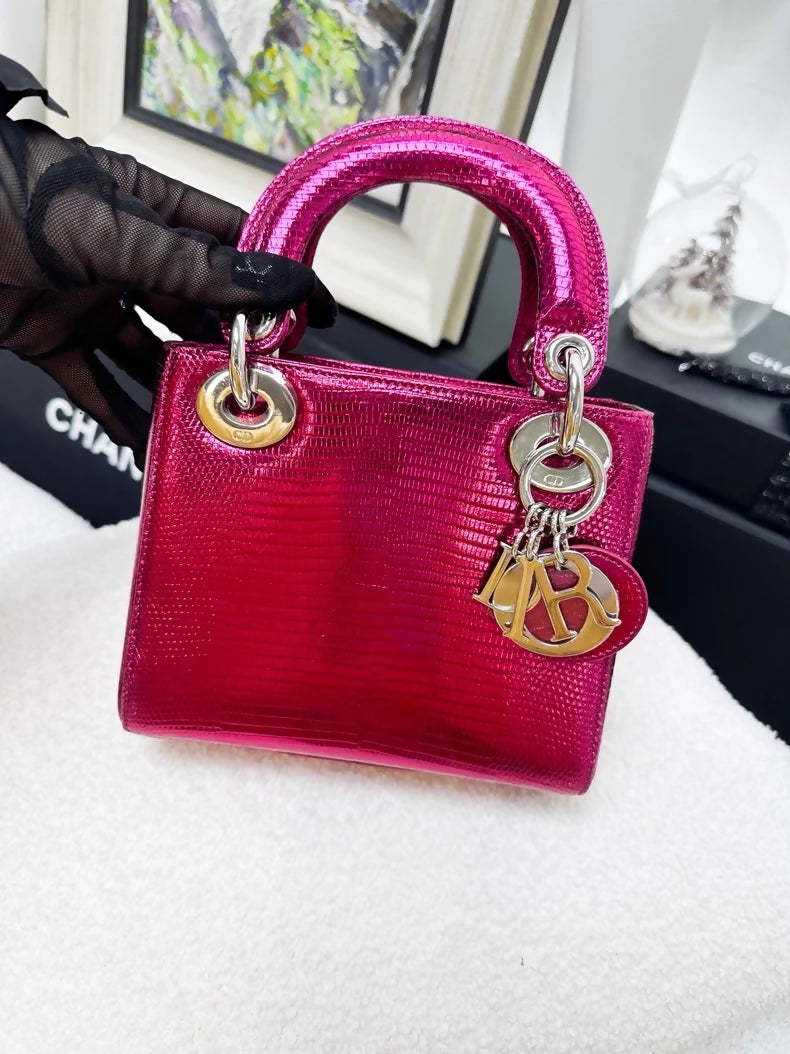 Lady Dior mini lizard skin electric rose pink