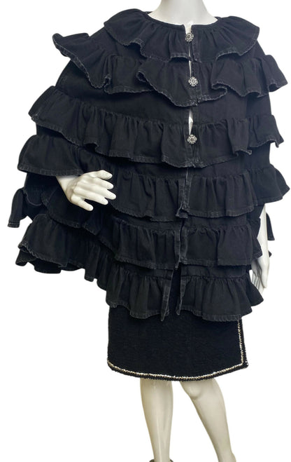 Chanel 24A Paris Manchester Black Denim Coat Jacket Cape FR 36