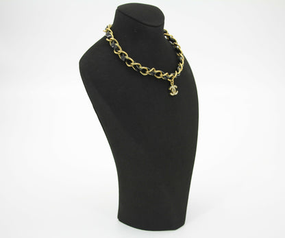 Chanel Vintage 95P Rhinestone Gold-plated Black Leather Chain CC Choker
