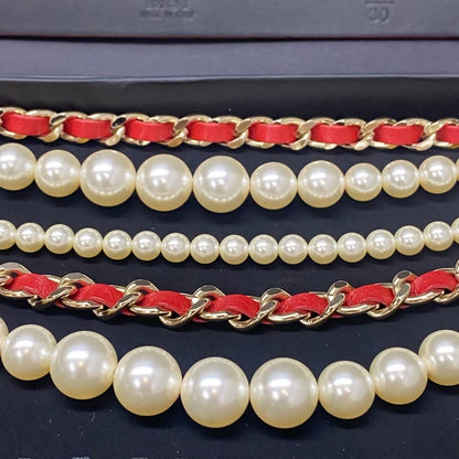 Chanel red and white multi-layered pearl waist chain belt