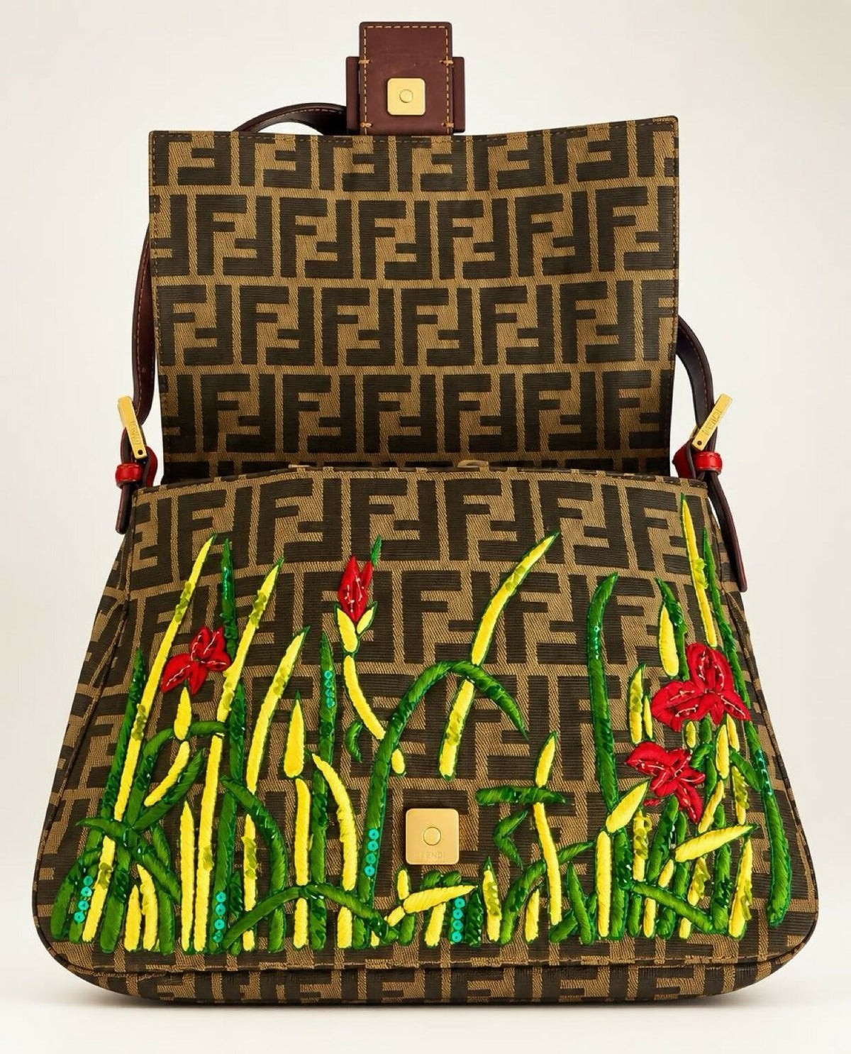 FENDI Garden Floral Embroidered Beaded Pony Hair Zucca FF Mamma Baguette Bag