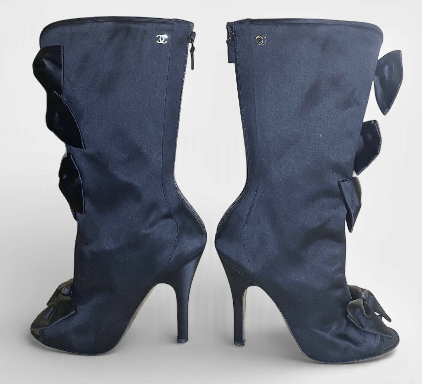 Rare Chanel 09P Black Satin CC Bow Mid Calf Peep Toe Booties Ankle Boot Heels FR 38