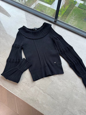 Chanel 24S Ruffled Black Knit Long Sleeve