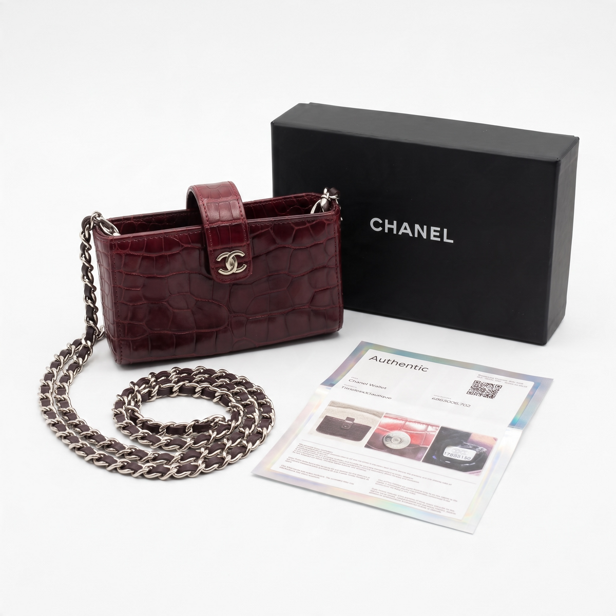 Rare Chanel Burgundy Crocodile Chain Holder Pouch Mini Clutch Bag