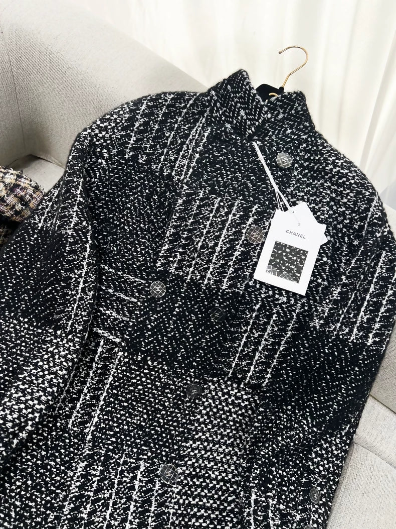 Chanel 21k black and white tweed long coat