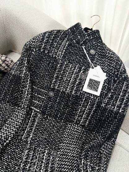 Chanel 21k black and white tweed long coat