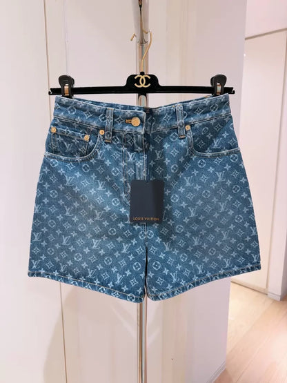 Louis Vuitton LV monogram logo print denim shorts