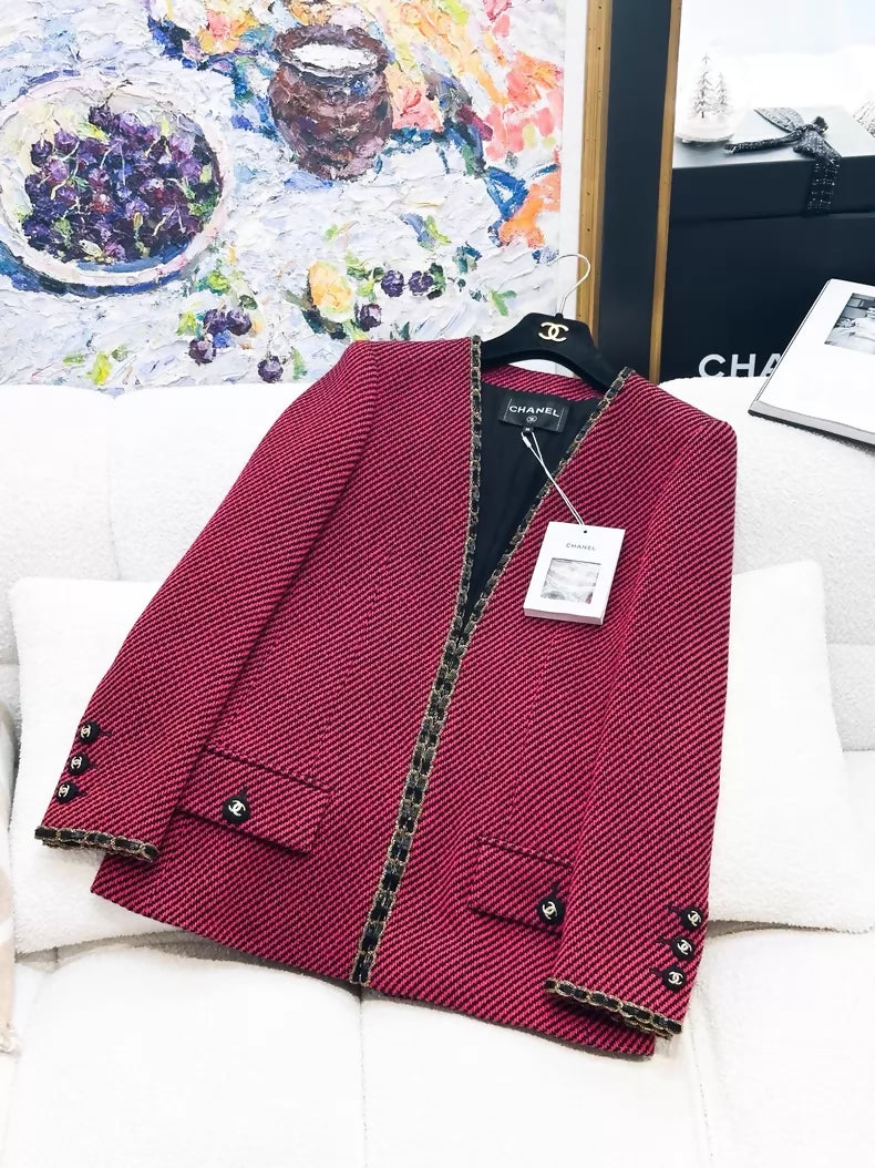 Chanel 20A burgundy black leather gold chain tweed jacket