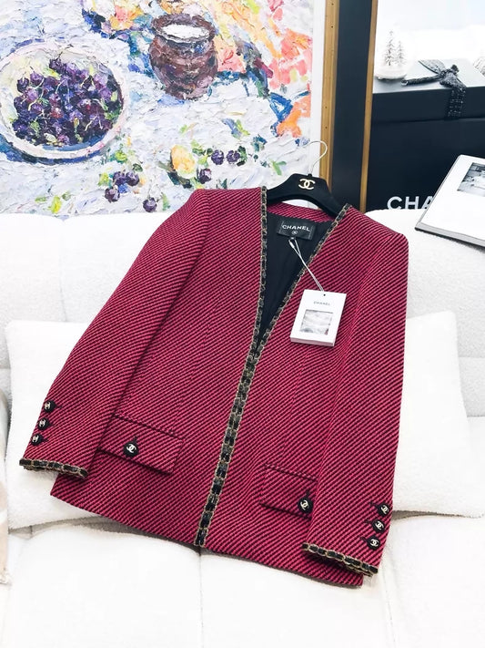 Chanel 20A burgundy black leather gold chain tweed jacket