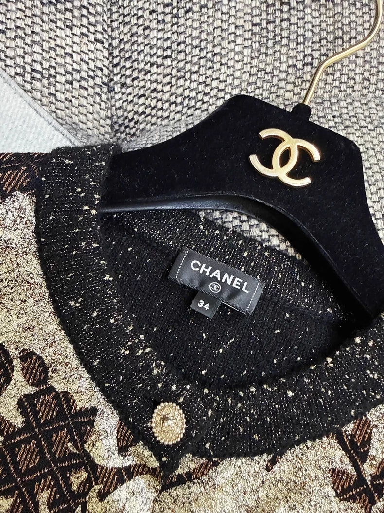 Chanel 25a Black and Gold Floral and Bird Embroidered Knit Cardigan