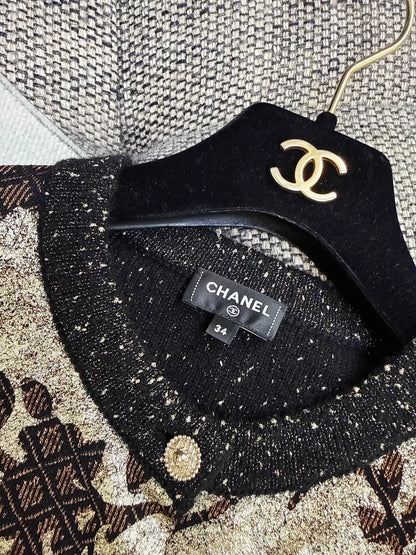 Chanel 25a Black and Gold Floral and Bird Embroidered Knit Cardigan