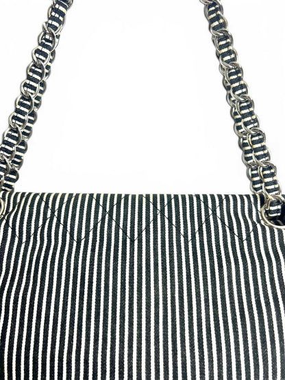 Chanel 08C Medium Black White Stripe Denim Canvas Classic Double Flap Bag