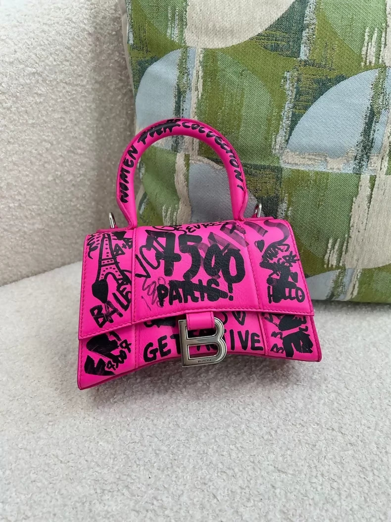 Balenciaga pink graffiti letter hourglass bag