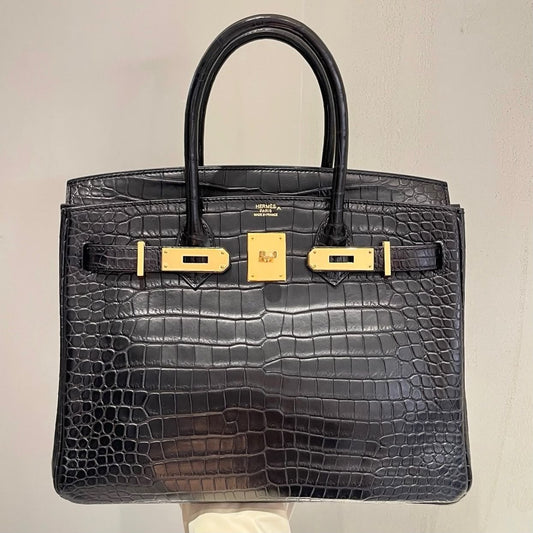 Hermes Birkin 30 black matte porosus crocodile leather gold hardware