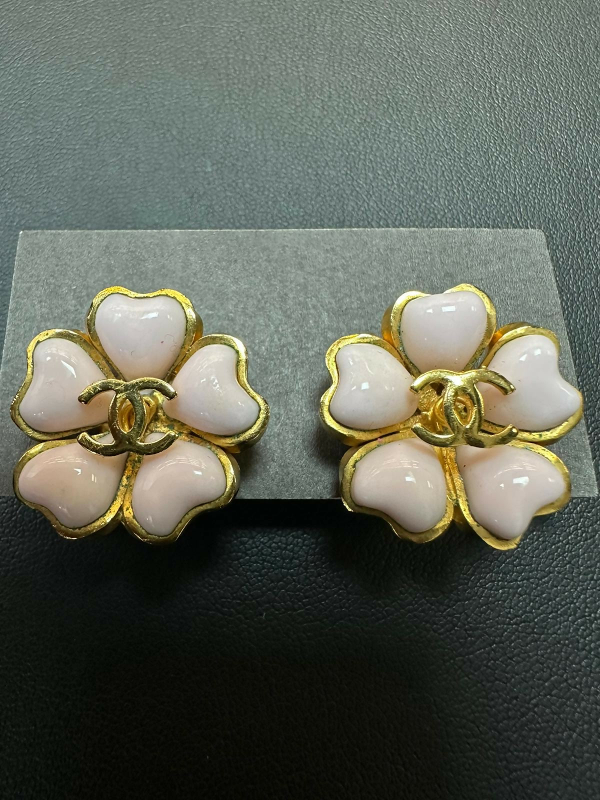 Chanel Vintage 97P Gripoix & Gold Plated Light Pink Camellia Clip-on Earrings