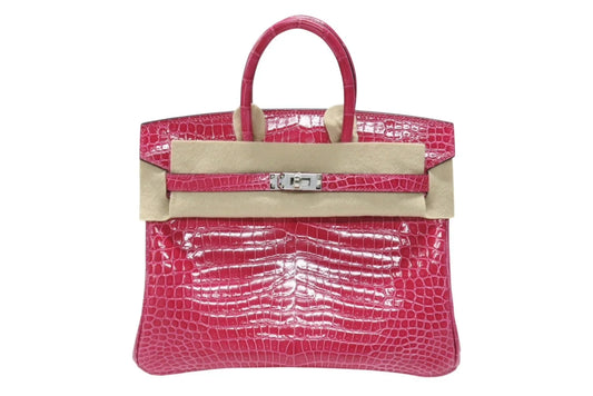 Hermes Birkin 25 Rose Scheherazade shiny crocodile leather palladium hardware