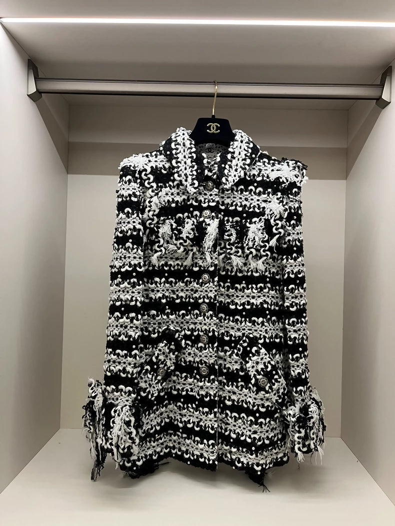 Chanel 14A Dallas series black tweed fringed jacket