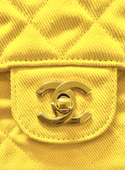 Vintage Chanel 1992 Yellow Denim Medium Classic Flap Bag 24K Gold Hardware