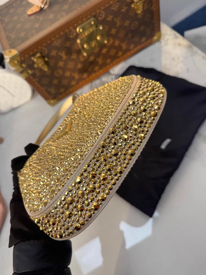 Prada yellow rhinestone satin shoulder bag, covered in super sparkly rhinestones