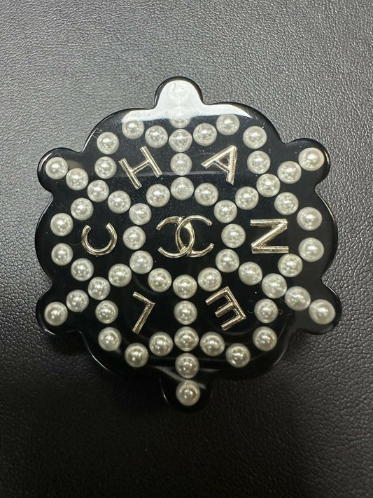 Chanel 18B Resin Imitation Pearl Snowflake Black and White Brooch