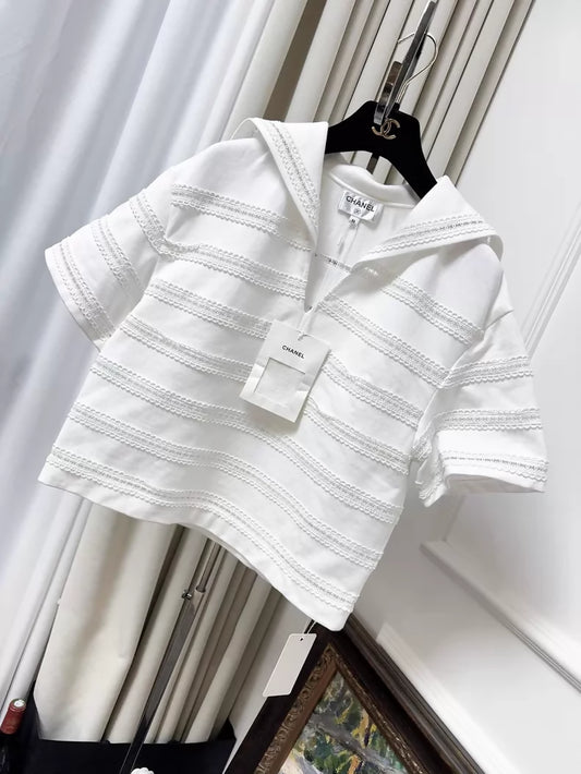 Chanel 24M Coco Beach series white lace striped top