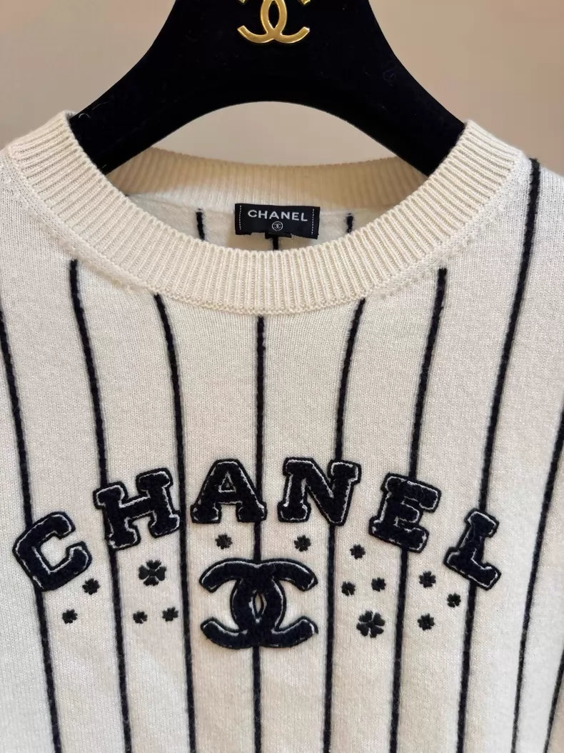 Chanel 23S Striped Beige Logo Knit Sweater