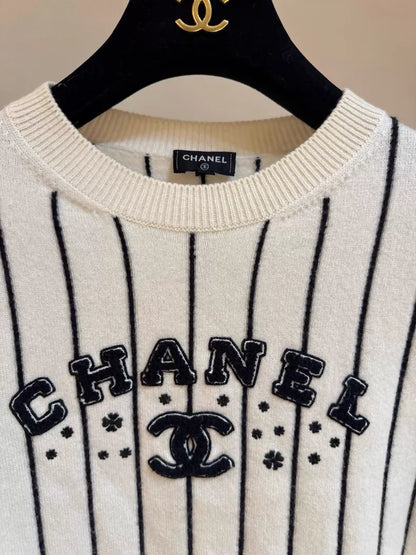 Chanel 23S Striped Beige Logo Knit Sweater