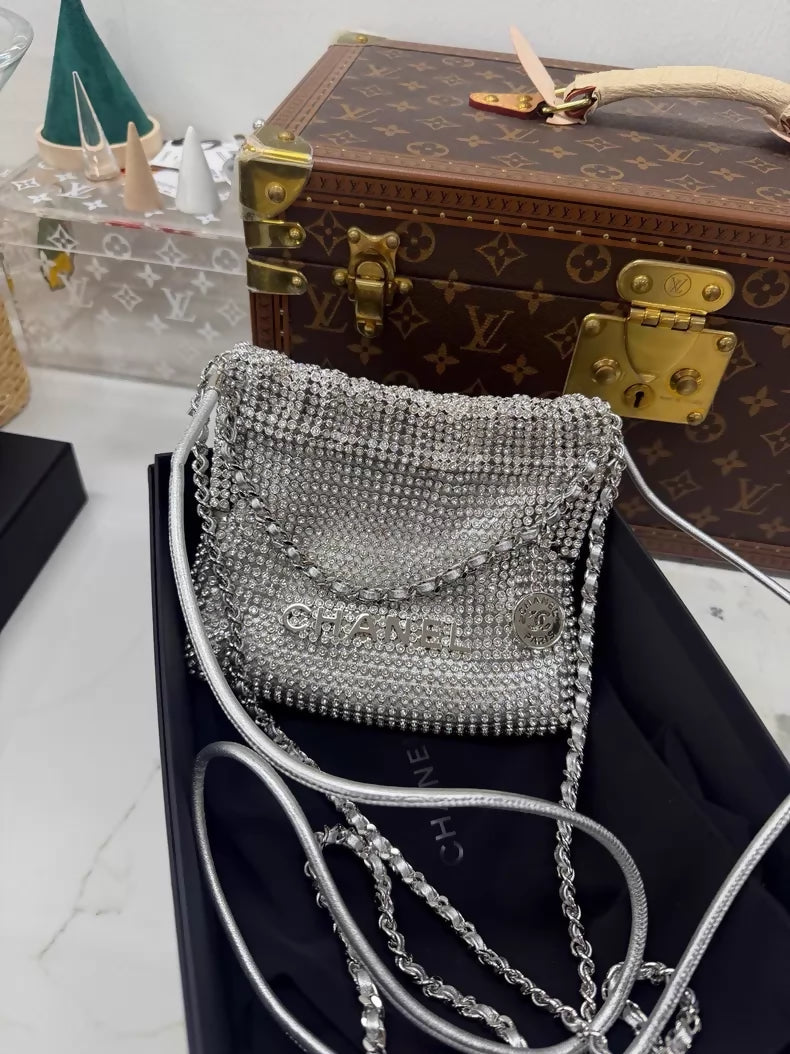 Chanel mini 22 bag silver with full diamond embellishments