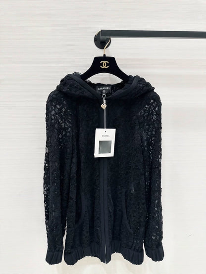 Chanel 25B black lace hooded jacket, F38,