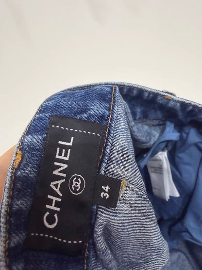 Chanel 24b heart embroidered graffiti blue straight leg jeans