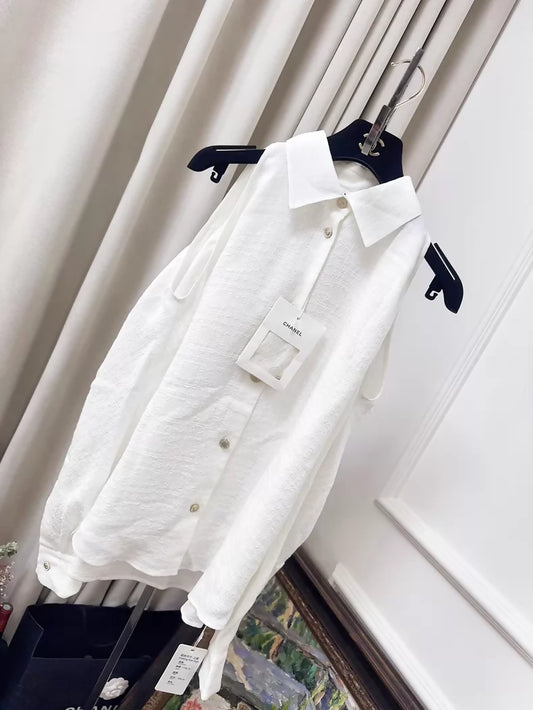 Chanel 26C White Silk Jacquard Off-the-Shoulder Blouse