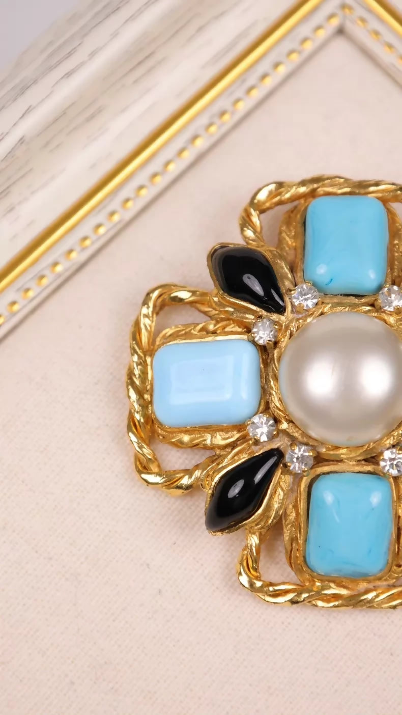 Chanel 1997 Tiffany Blue Glass Pearl Cross Brooch Pendant