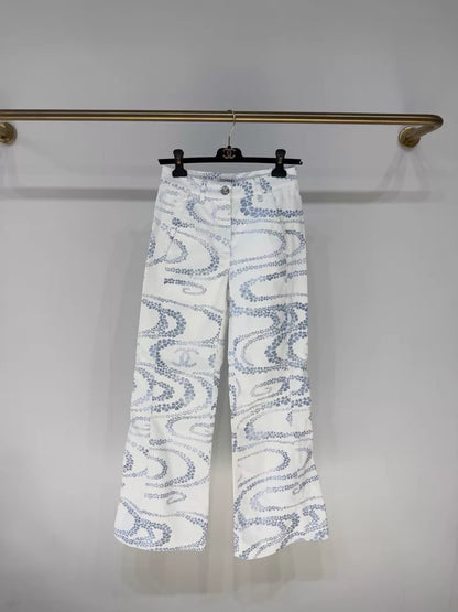 Chanel 25M white and blue wide-leg jeans
