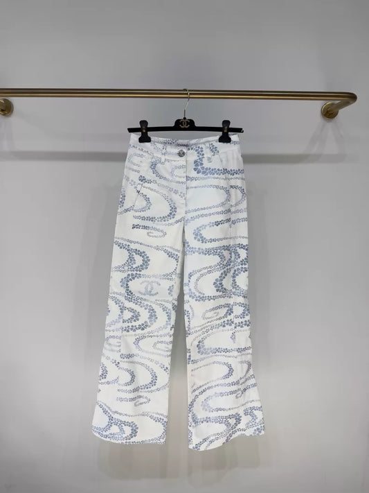 Chanel 25M white and blue wide-leg jeans