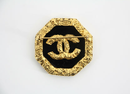 Chanel Vintage 93A Lava Octagonal CC Logo Black and Gold Tone Brooch