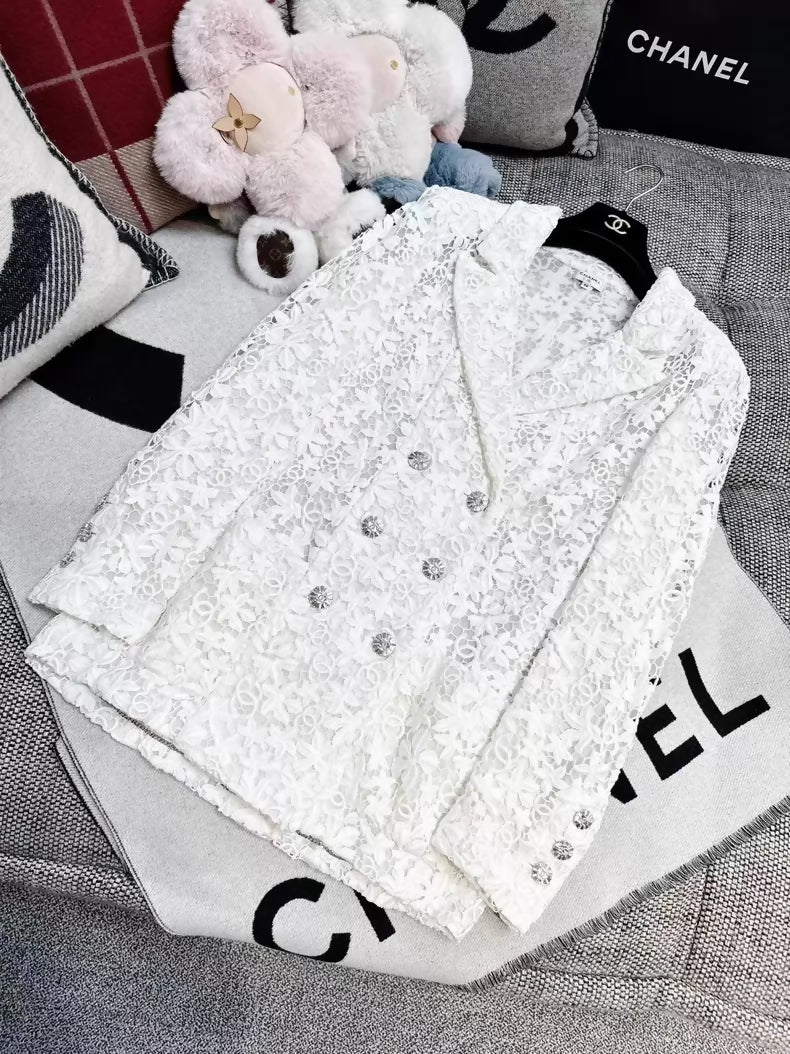 Chanel 23C White Lace Embroidered Double C Camellia Blazer