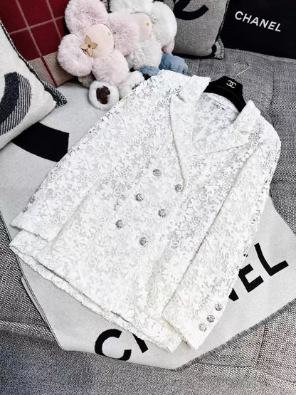 Chanel 23C White Lace Embroidered Double C Camellia Blazer