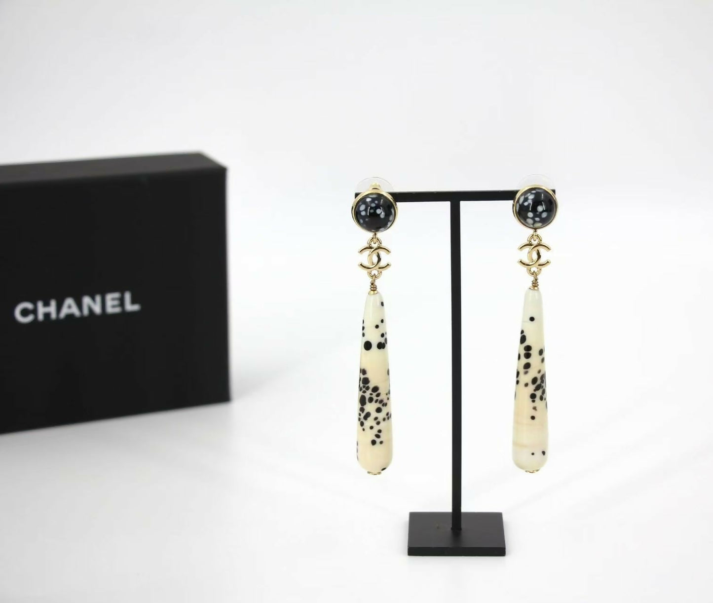 Chanel 26A Resin Polka Dot Black and White Drop Stud Earrings
