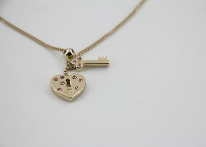 Chanel Vintage 02P Rhinestone Pink Heart Key Metal Necklace