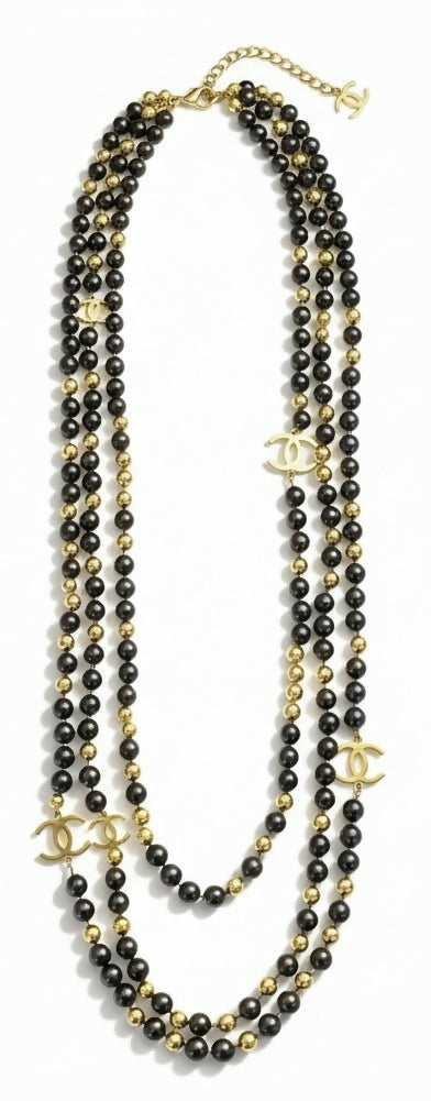 Chanel 16S Airlines 3 Strand 4 CC Extra Long Black Gold Mirror Statement Necklace
