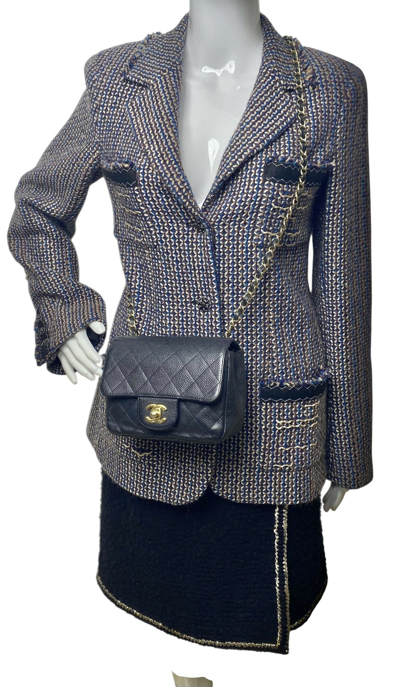 Rare Chanel 08A Runway Tweed Turquoise Blue Multicolor Gold Blazer Jacket FR 36