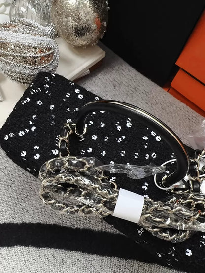 Chanel 23K black tweed camellia sequined long box ba