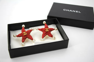 Chanel 93C Red Lava Imitation Pearls Gold Plated CC Starfish Earrings