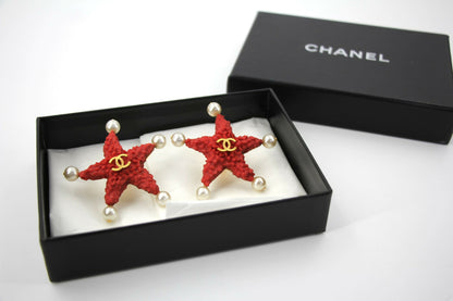 Chanel 93C Red Lava Imitation Pearls Gold Plated CC Starfish Earrings