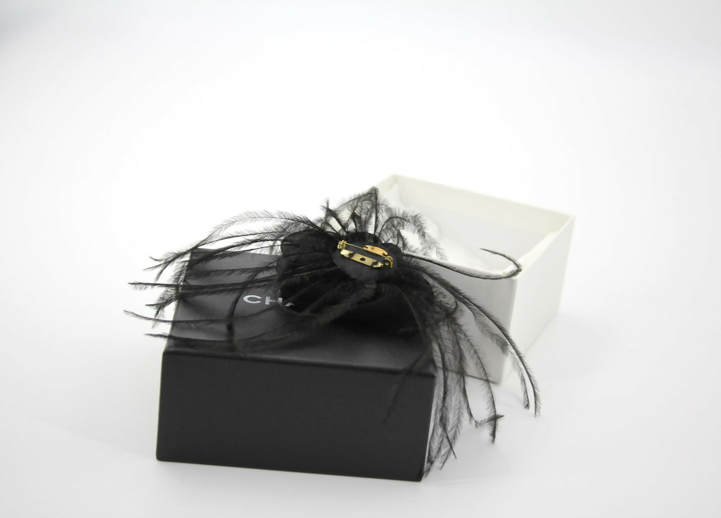 Chanel Vintage 81-85 Tulle Feather Black Camellia Silk Brooch