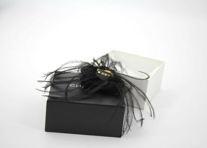 Chanel Vintage 81-85 Tulle Feather Black Camellia Silk Brooch