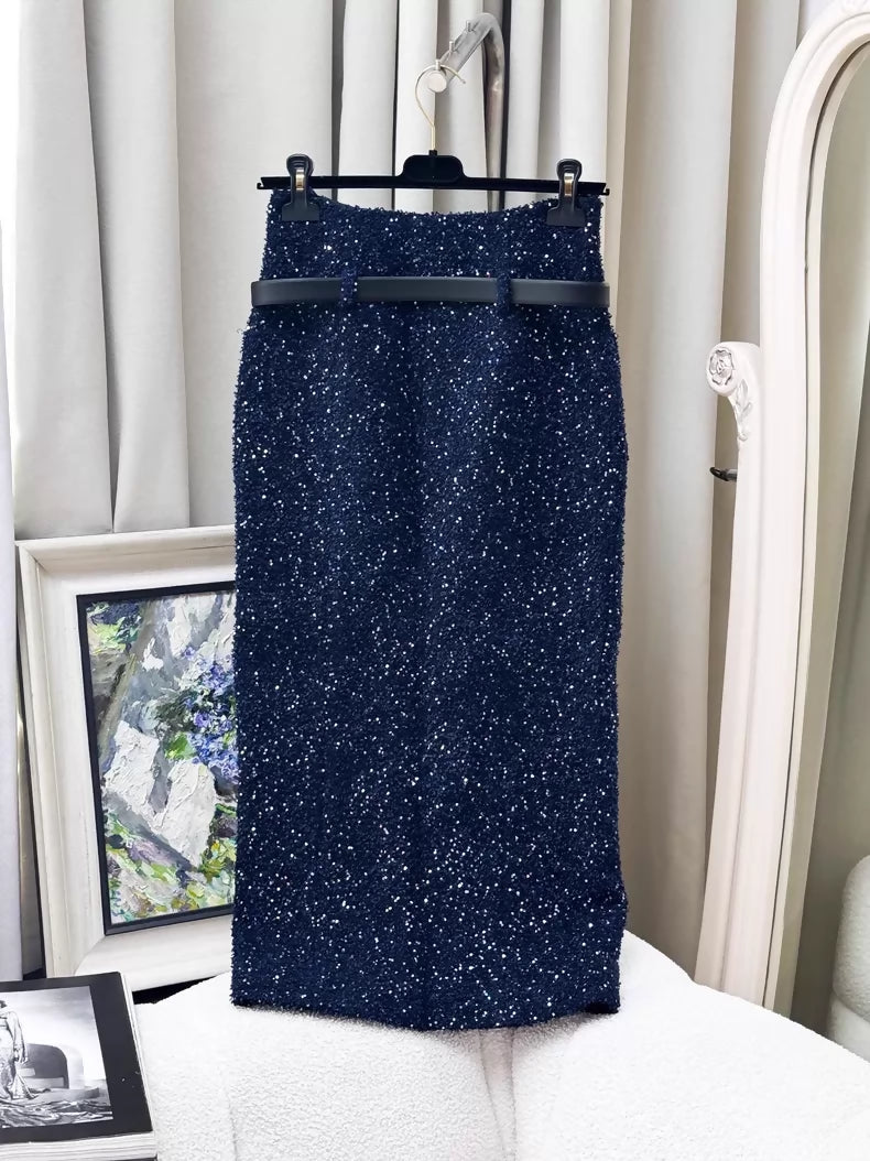 Chanel 17k Sequin Blue tweed  Skirt