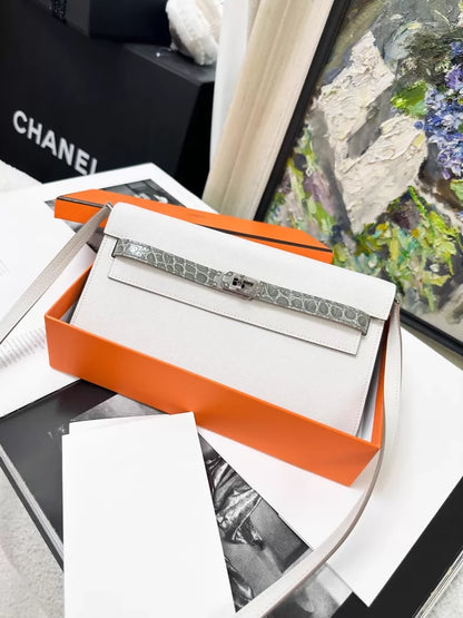 Hermes Kelly To go Touch craie/gray croc epsom leather palladium hardware
